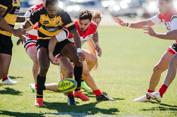 Canberra Vikings v Perth Spirit in National Rugby Championship rugby union. Canberra Vikings right wing Andrew Muirhead, and Perth Spirits right centre Marcel Brache.