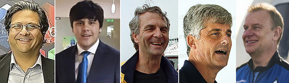 This photo combo shows from left, Shahzada Dawood, Suleman Dawood, Paul-Henri Nargeolet, Stockton Rush, and Hamish Harding who are presumed dead following the implosion of the Titan submersible near the wreckage of the Titanic.