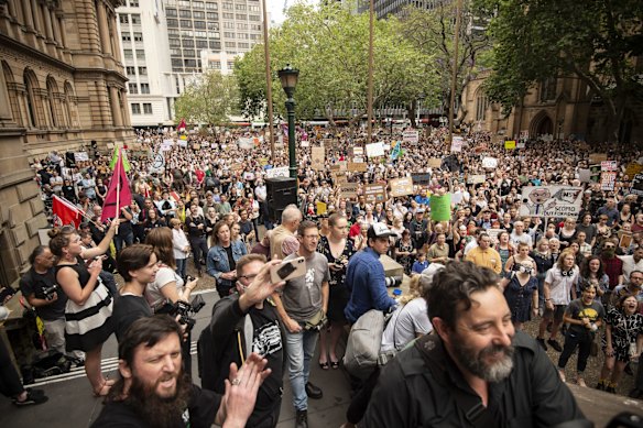 Around 20,000 people gathered at a Extinction Rebellion climate demonstration at Town Hall on Wednesday.