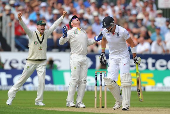 Kevin Pietersen is caught behind by keeper Brad Haddin as Michael Clarke celebrates.