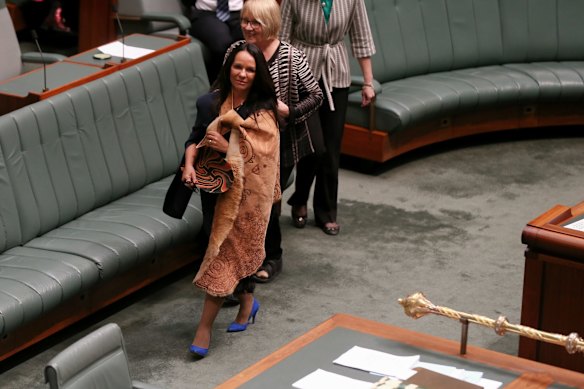 Linda Burney arrives to deliver her first speech at Parliament House.