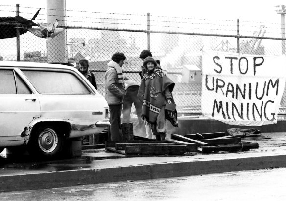 Protesters set up camp at Garden Island to await the loading of the first shipment of uranium from Sydney.