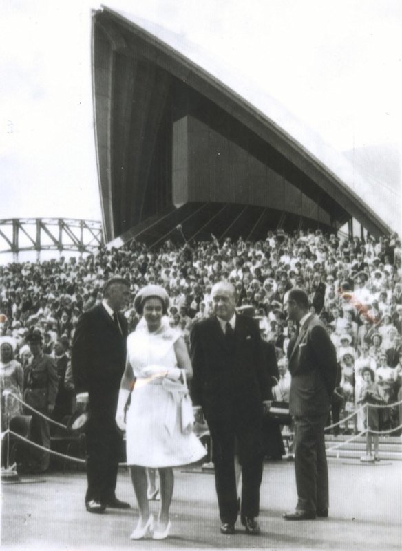 Queen Elizabeth opening the Sydney Opera House, Oct 1973.  The Royal party, left to right, the Governor of NSW, Sir Roden Cutler, the Queen, the NSW Premier, Sir Robert Askin, and Prince Philip.