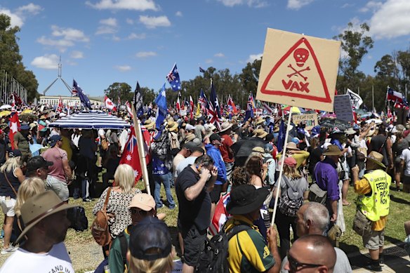 'Convoy to Canberra' protesters on the lawns between Parliament House, and Old Parliament House, in Canberra.