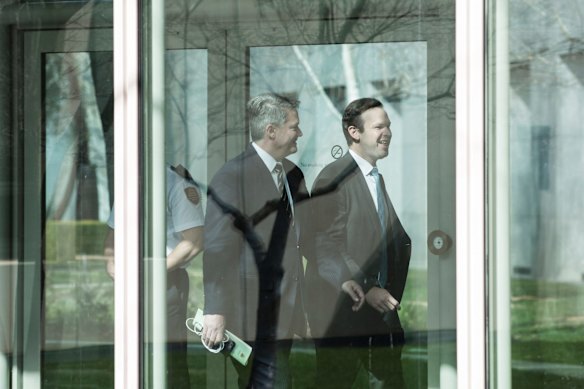 Senator Mathias Cormann and Senator Matt Canavan after a party room meeting where Peter Dutton MP challenged Prime Minister Malcolm Turnbull for the Liberal Partys leadership.