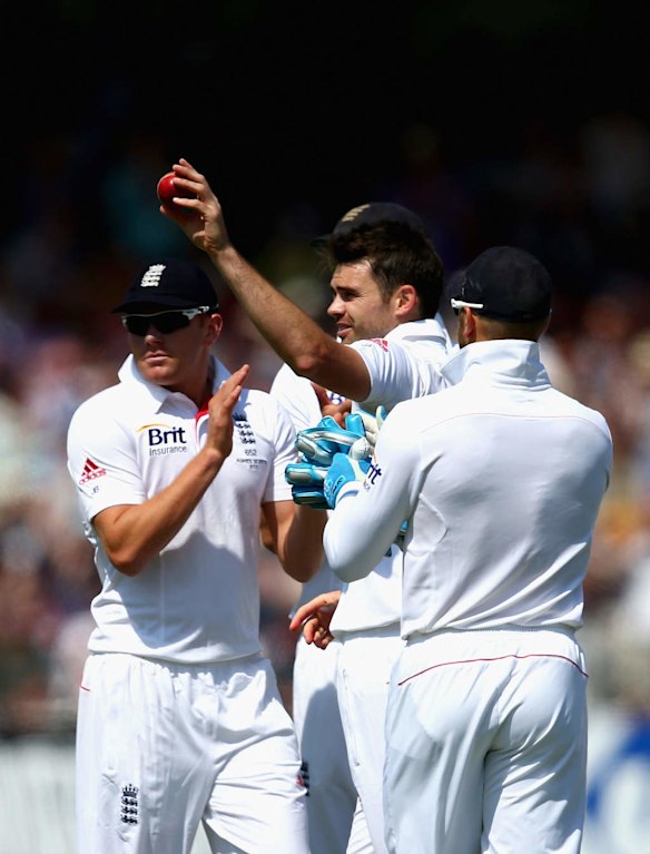 James Anderson of England celebrates taking his fifth wicket.