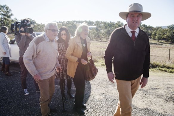 Nationals Leader, member for New England and Deputy Prime Minister Barnaby Joyce, arrives at Woolbrook Public School with his wife Nat, and parents James and Maree to cast their votes.  