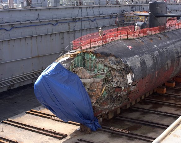 Submarine USS San Francisco in dry dock to assess damage in 2005.
