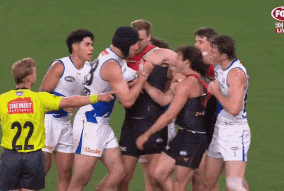 The moment: North Melbourne ruckman Tristan Xerri appears to rub blood on Andrew McGrath’s face.
