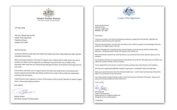 The correspondence between Senator Pauline Hanson and Opposition Leader Bill Shorten.