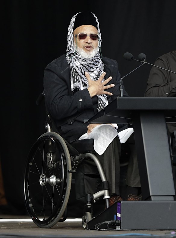 Mosque shooting survivor Farid Ahmed addresses the national remembrance service in Hagley Park.