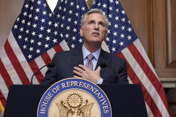 Kevin McCarthy speaks to reporters hours after he was ousted as Speaker of the House