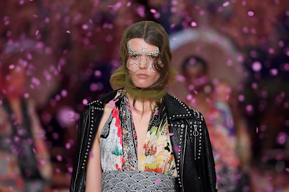 A model walks the runway wearing creations by Camilla at  Mercedes-Benz Fashion Week Australia in Sydney.