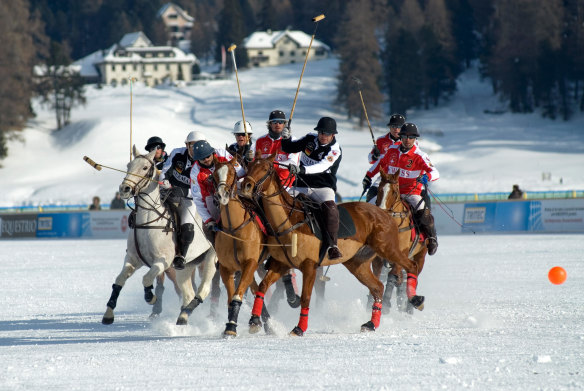 A clash between Germany and Switzerland at the 2011 Snow Polo World Cup.