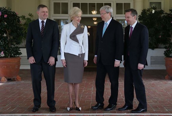 Prime Minister Kevin Rudd and Governor General Quentin Bryce at Government House after he was sworn in with Deputy Prime Minister Anthony Albanese and Treasurer Chris Bowen in Canberra on Thursday 27 June 2013.