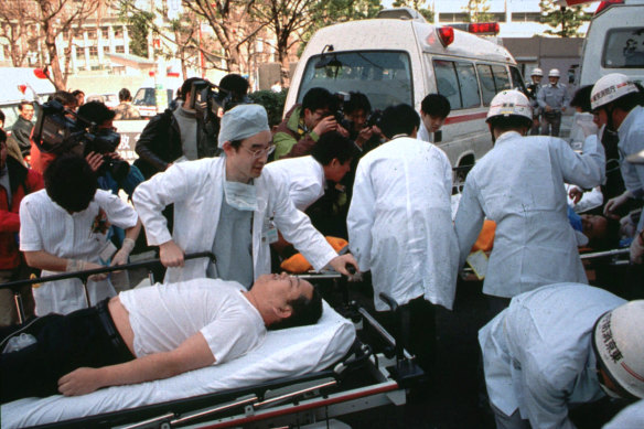 Subway pasengers affected by the sarin nerve gas attack are treated on March 20, 1995.
