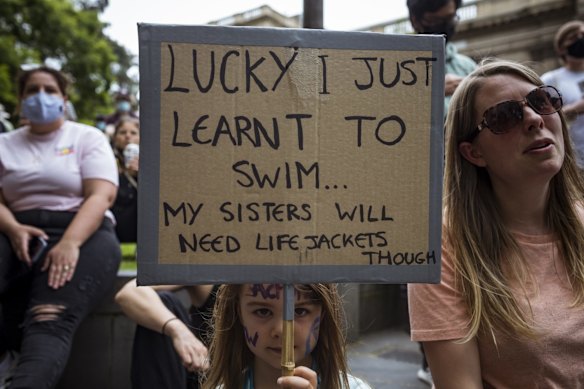 At the COP26 Global Climate Rally in Melbourne a young family were out for a different cause. “When you have kids you have a concern about their future and think, ‘Well, what kind of future are we leaving behind?” said Sarah Caterall (right) who brought along her daughters Raya (holding the sign), Simi, and Nesta with husband James.