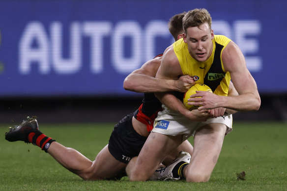 Tom Lynch booted all five of his goals after half-time against Essendon but finished injured and on the bench.