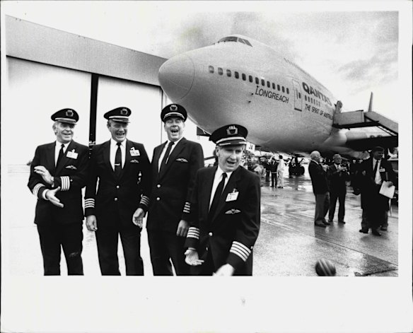 The pilots from the non-stop London to Sydney flight. Capt. Bob Greenop, Capt. David Massy-Green, Capt. Ray Heininger and Capt. George Lindeman.