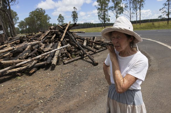 Lorna Cameron inspects the damage on Summerland Way, north of Grafton, after loose logs from a pine plantation swept through the area. 