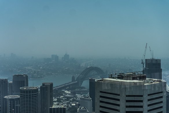 A smoke haze covers the Sydney CBD. View from Sydney Tower. 21st November 19.