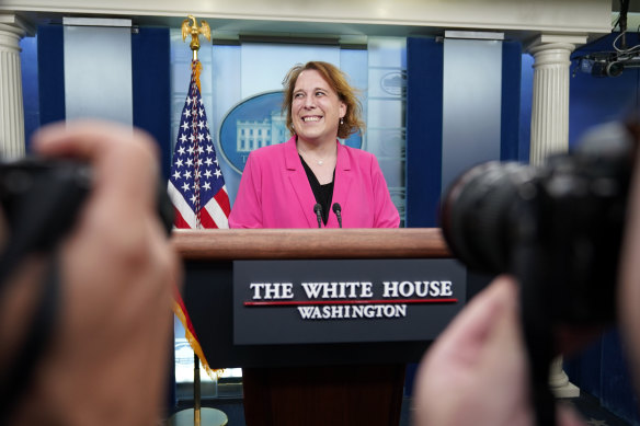 Jeopardy! champion Amy Schneider speaks with members of the press at the White House to participate in Transgender Day of Visibility.