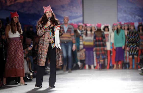 February: Angela Missoni addresses the audience after she put 'pussy hats' on models in her Milan parade, following the women's marches in cities around the world where women wore similar hats to show solidarity and protest the treatment of women by the Trump administration.