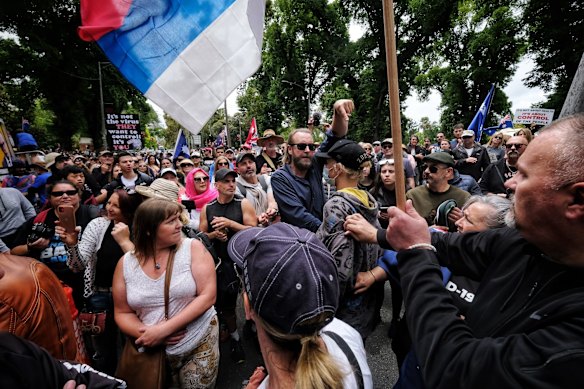 A person being indentified and removed after throwing objects at Craig Kelly during Eureka Freedom rally in Melbourne.