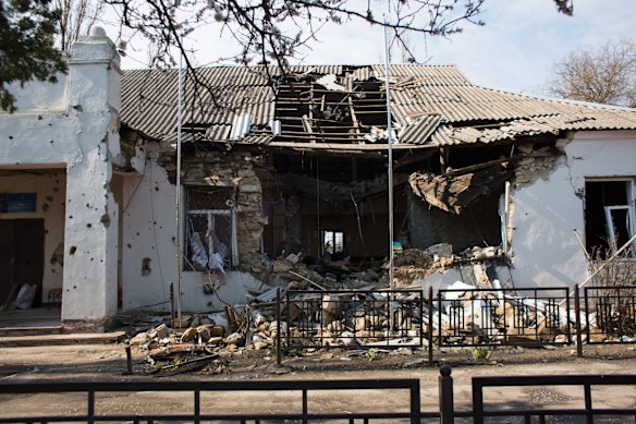 A view of the village council building and police department which was destroyed by Russian shelling in Lymany, just outside Mykolaiv. Mykolaiv, a port city near where the Southern Bug river flows into the Black Sea, has been a target of attacks since Russia invaded Ukraine.