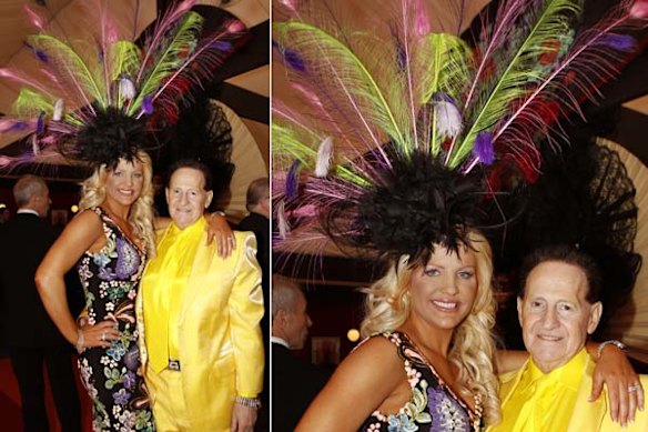 Geoffrey Edelsten and his wife Brynne at the Emirates marquee in the Birdcage at Flemington.