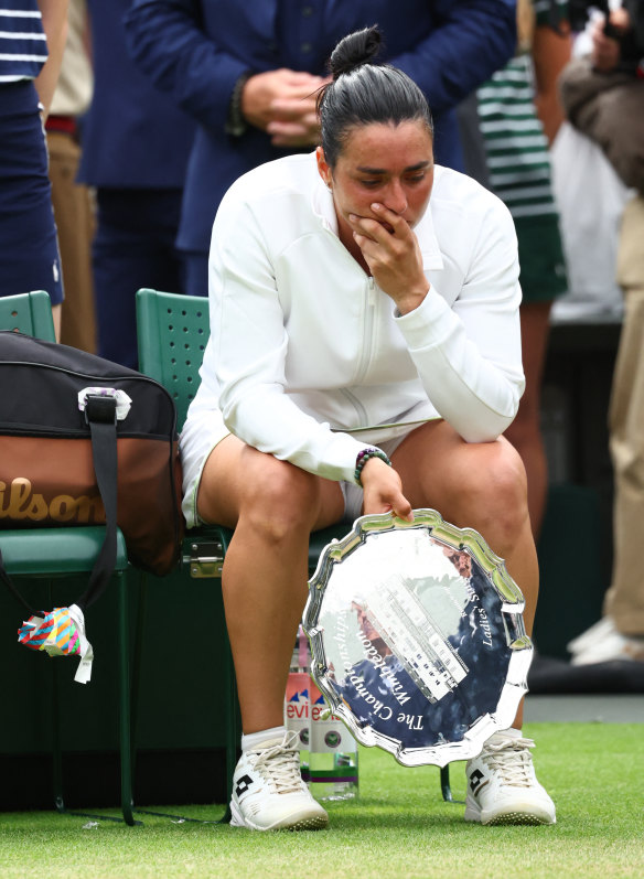 Shattered: Tunisia’s Ons Jabeur was in tears after losing the Wimbledon final for a second successive year.
