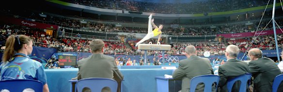 Competitors during the men's gymnastics competition.