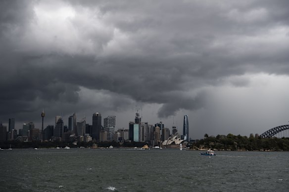 Storm clouds loom over Sydney Harbour, from Bradleys Head.