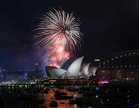 The 9pm New Year's Eve fireworks on Sydney Harbour, viewed from Mrs Macquarie's Chair.