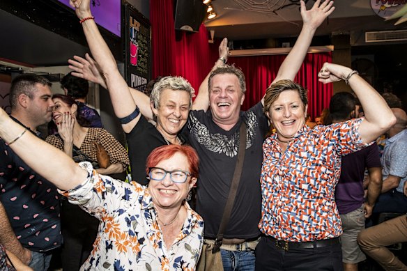 Christine Forster (right) is pictured with her wife, Virgina Flitcroft (left) and Stonewall nightclub management, Lida Warren and Glen Harris celebrate.