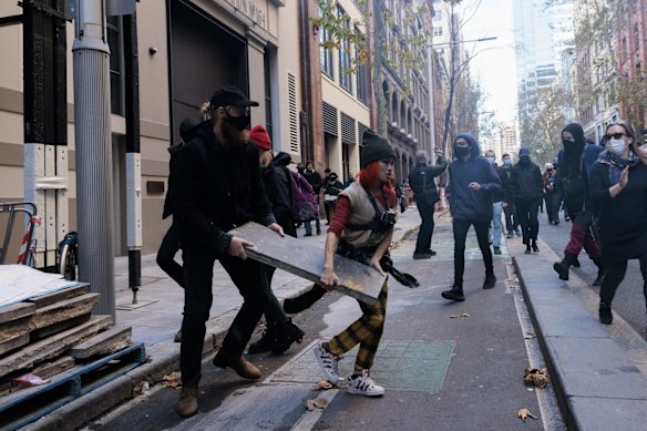 Protestors stopped traffic as they moved around the city, using bollards, chairs and construction material to block the roads.