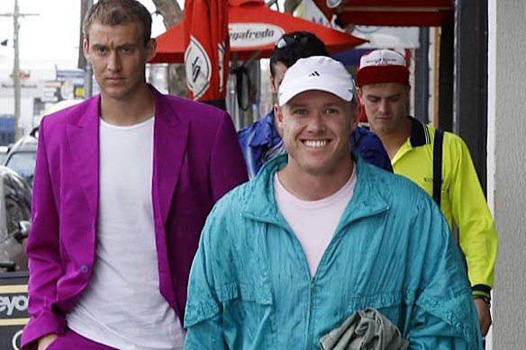 Collingwood footballer Tarkyn Lockyer arrives with teammates at the Rising Sun Hotel in Richmond in costume for the club's Mad Monday celebrations after the Magpies won their first Premiership in 20 years.