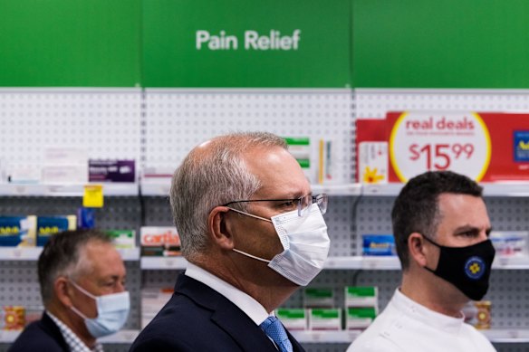 Prime Minister Scott Morrison visits Terry White Pharmacy in Mowbray, in the seat of Bass on Saturday 30th April 2022.