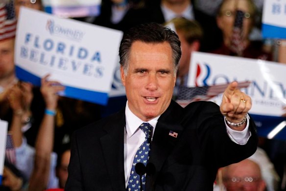 U.S. Republican presidential candidate Mitt Romney addresses supporters after the television networks declared him the winner of the Florida primary.