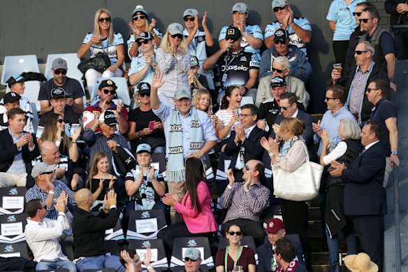 Newly re-elected Prime Minister Scott Morrison waves to the crowd during the NRL match between the Cronulla Sharks and the Manly Sea Eagles.