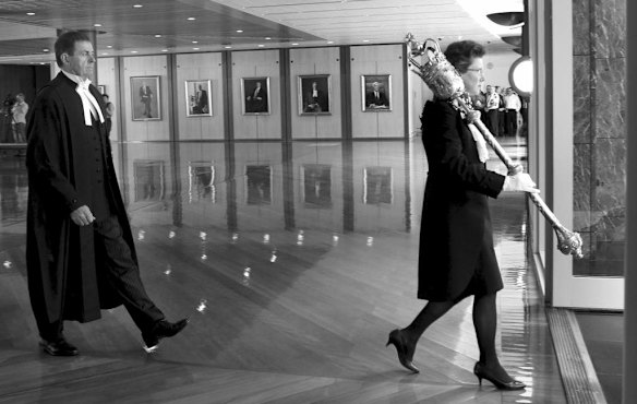 House of Representatives Speaker Peter Slipper participates in the  Speaker's procession with the Serjeant-at-Arms armed with the mace and the Speaker's Attendant from the Members' Hall to the House of Representatives at Parliament House Canberra on Tuesday 14 February 2012.