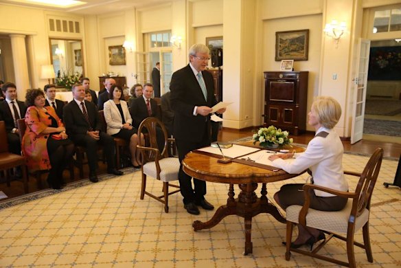 Prime Minister Kevin Rudd and Governor General Quentin Bryce at Government House after he was sworn in with Deputy Prime Minister Anthony Albanese and Treasurer Chris Bowen in Canberra on Thursday 27 June 2013.