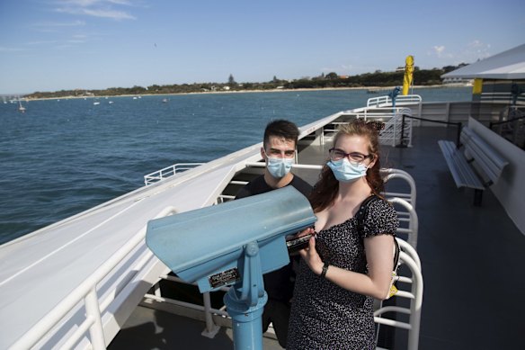 Teagan Woods and Luke Bennett from Ballarat are celebrating their first anniversary as a couple. They took the ferry from Queenscliff to Sorento.