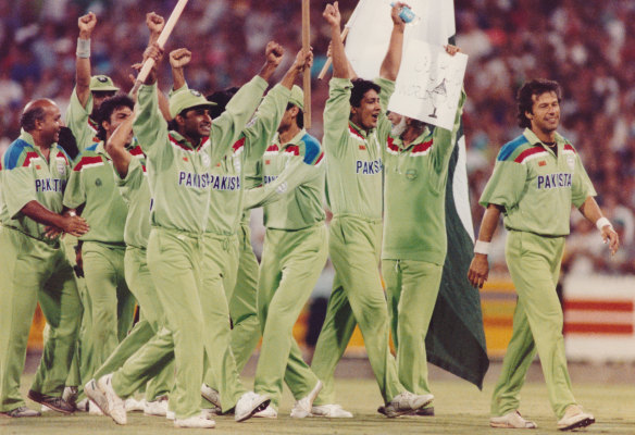 The Pakistanis, led by Imran Khan, celebrate their triumph. 