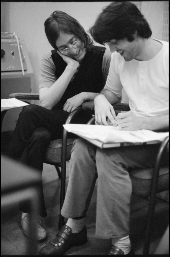 John and Paul Recording. Abbey Road Studios, London, 1968. 