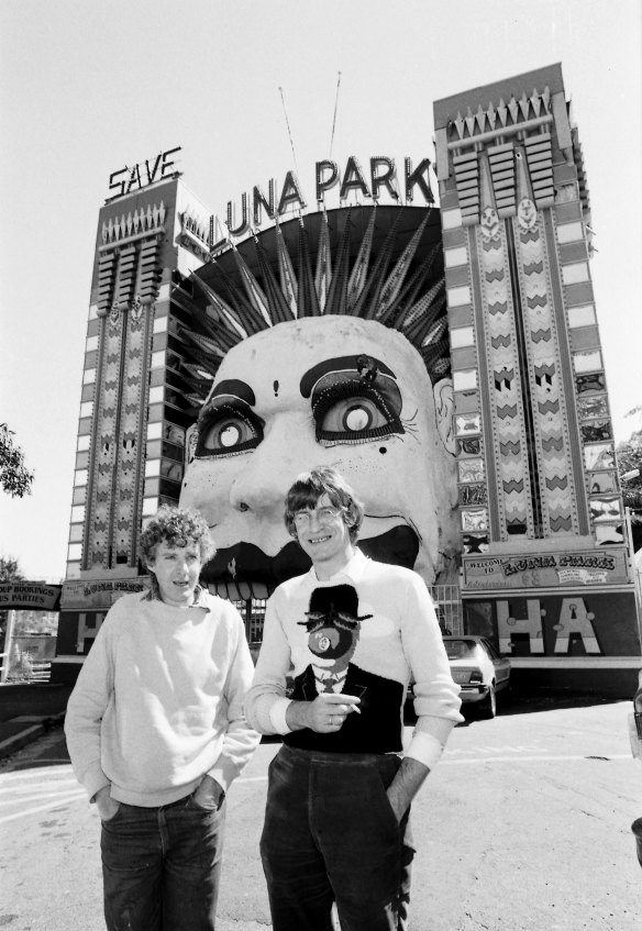 Artists Peter Kingston of Lavender Bay and Martin Sharp of Bellevue Hill, as members of Friends of Luna Park, 1973.