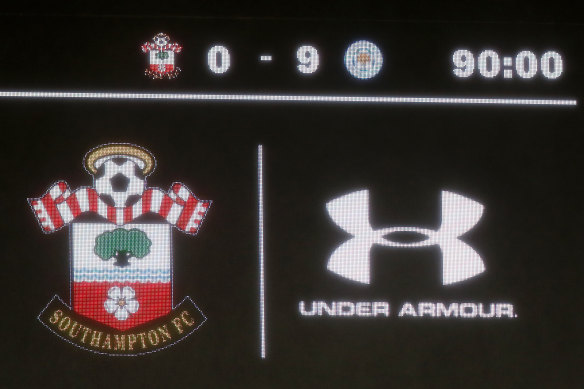The LED screen shows the record breaking 9-0 scoreline at St Mary's Stadium in Southampton.