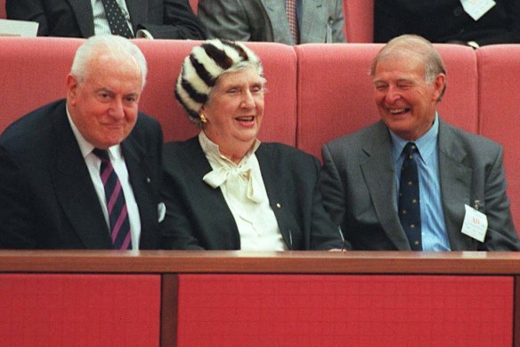 Gough and Margaret Whitlam enjoy a laugh with former political foe Doug Anthony in 1996.