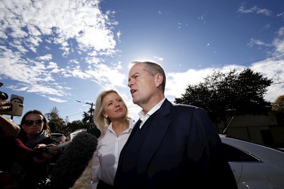 Labor leader Bill Shorten speaks to the media with his wife Chloe after last night's election defeat.