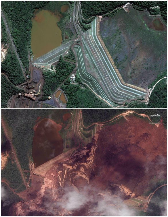 Satellite images compare the dam in Brumadinho, Brazil, before and after the collapse.